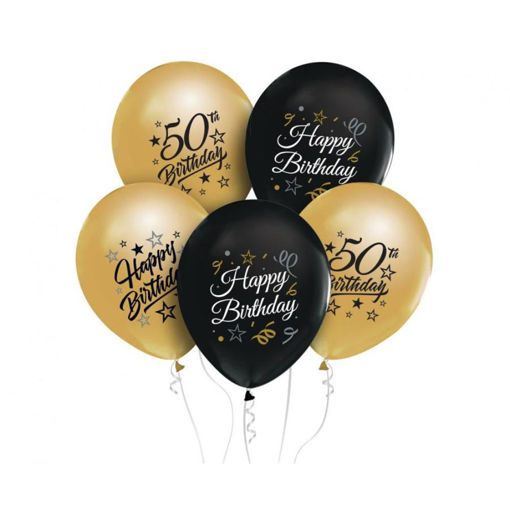 Picture of 50TH BIRTHDAY GOLD & BLACK LATEX BALLOONS 5 PACK 12 INCH
